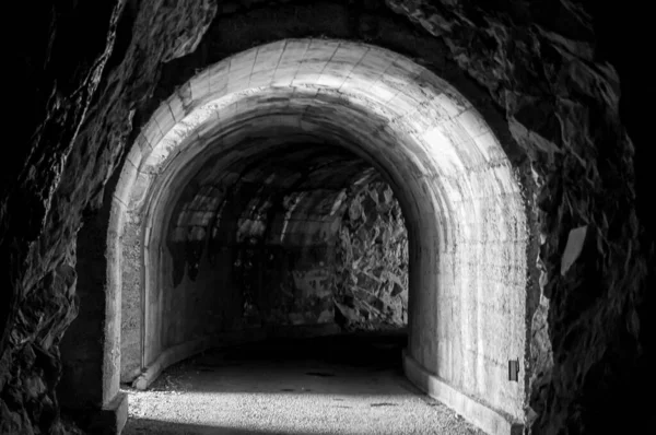 Een Grijsschaal Opname Van Een Gewelfde Betonnen Tunnel Luan Corbeyrier — Stockfoto
