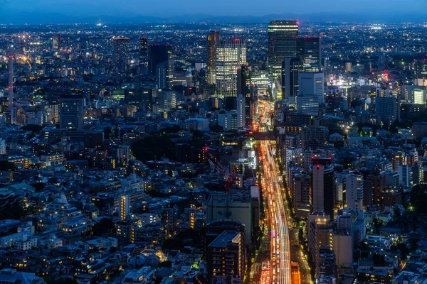 Japonya Akşam Saatlerinde Işıklarla Kaplı Binalarla Çevrili Tokyo Nun Hava — Stok fotoğraf