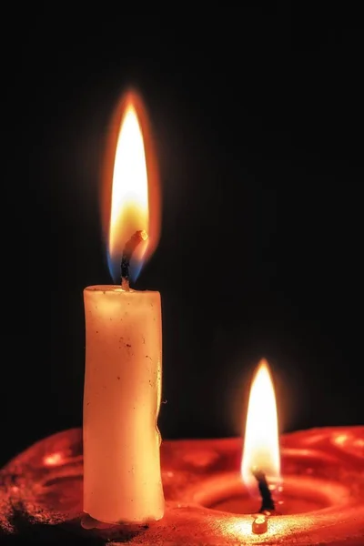 Vertical Closeup Shot Burning Candles Black Background — Stock Photo, Image