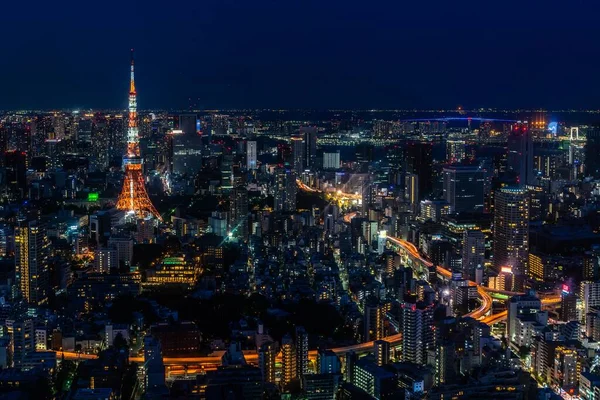 Tokyo Kulesi Tokyo Gece Boyunca Binalar Işıklarla Çevrilidir — Stok fotoğraf