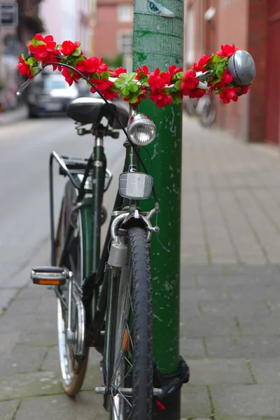 Vertical Closeup Shot Green Bicycle Red Flowers Leaning Green Pipe — Stock Photo, Image