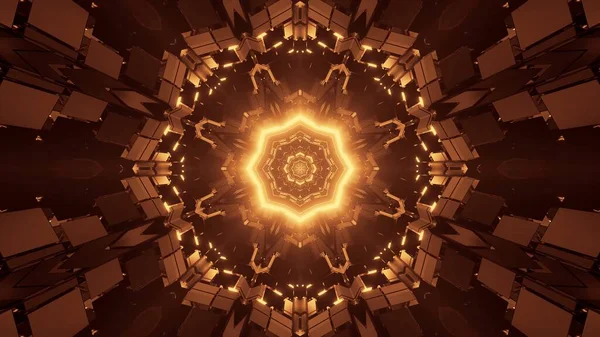 Futurystyczna Mandala Science Fiction Ośmiokąta Brązowymi Złotymi Światłami — Zdjęcie stockowe