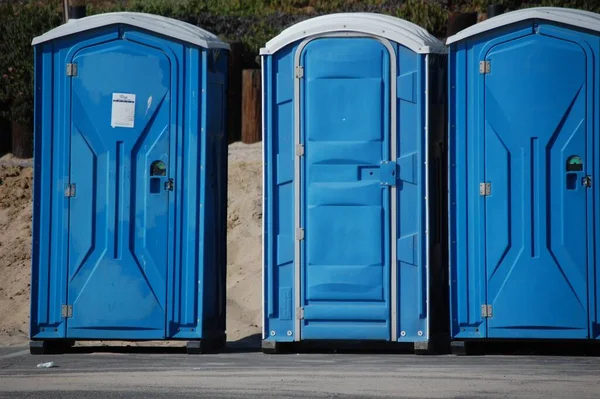 Closeup Shot Three Blue Toilet Cabins Street — Stock Photo, Image