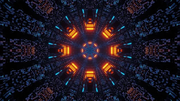Futuristico Disegno Fantascientifico Ottagono Mandala Con Luci Neon Blu Arancione — Foto Stock