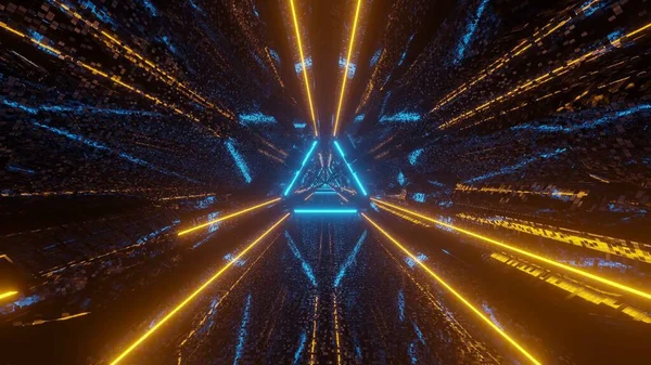 Fütürist Bir Bilimkurgu Üçgeni Pikselleştirilmiş Tünel Koridoru Neon Sarı Mavi — Stok fotoğraf