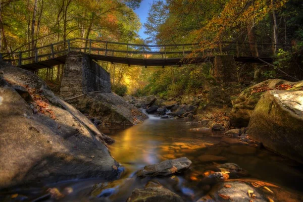 Herbst Eine Holzbrücke Über Den Fluss Wald — Stockfoto