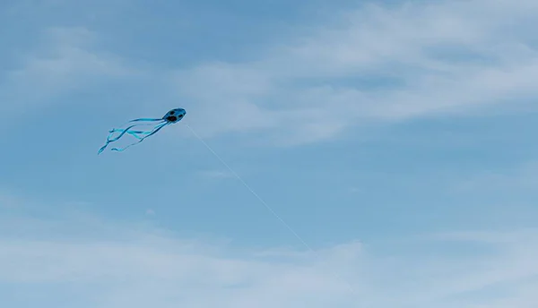 蓝天放飞的蓝天风筝 上面有一张脸 — 图库照片