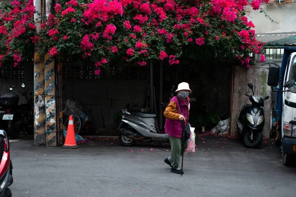 Taipei Taiwan Mrt 2020 Een Vrouw Loopt Onder Bloemen Tainmu — Stockfoto