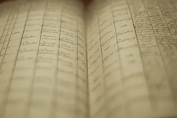 Απαλό Επίκεντρο Ενός Παλιού Βιβλίου Τοπικών Αρχείων Κατάλογο Ονομάτων Και — Φωτογραφία Αρχείου