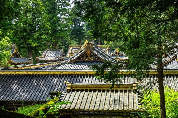 在日本Nikko捕获的树木中 鸟草神社屋顶的一个高角镜头 — 图库照片