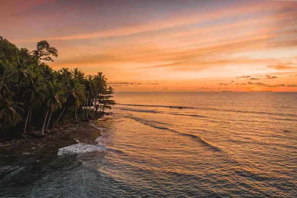 Zachwycający Widok Spokojny Ocean Drzewa Brzegu Podczas Zachodu Słońca Indonezji — Zdjęcie stockowe