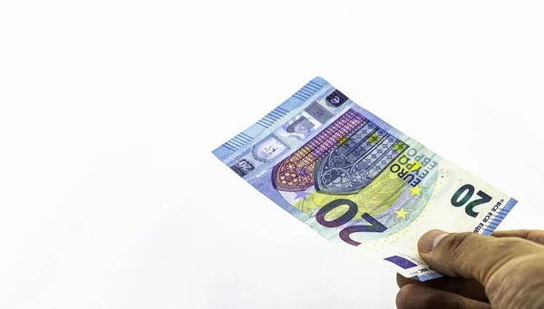 Gros Plan Une Personne Tenant Euros Sur Fond Blanc Sous — Photo