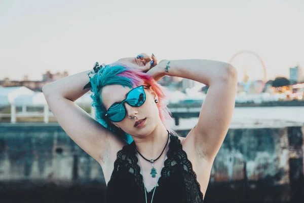 Portrait Young Female Tattoos Pink Blue Hair Playing Her Hair — Stock Photo, Image