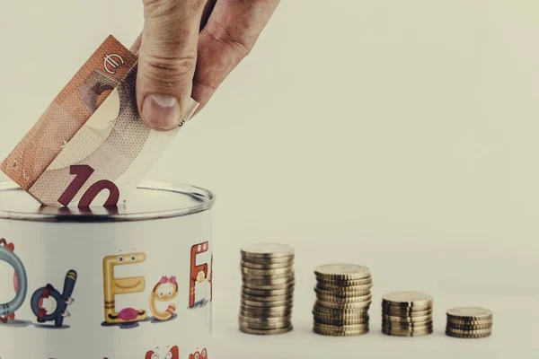 Camas Spain Mar 2020 Closeup Person Putting Euros Coin Bank — Stock Photo, Image