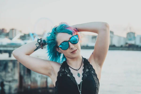 Portrait Young Female Tattoos Pink Blue Hair Playing Her Hair — Stock Photo, Image