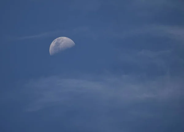 Akşamları Mavi Gökyüzünde Yarım Ayın Alçak Açılı Görüntüsü Arka Plan — Stok fotoğraf