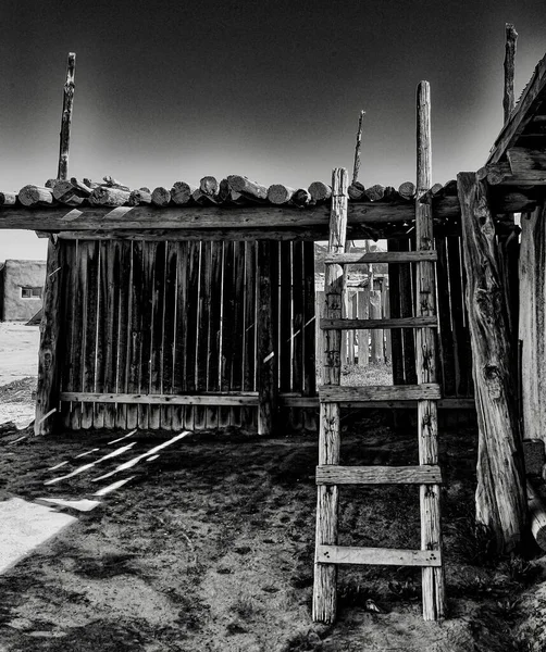 Šedá Stupnice Dřevěného Žebříku Opřeného Starou Budovu Denního Světla — Stock fotografie