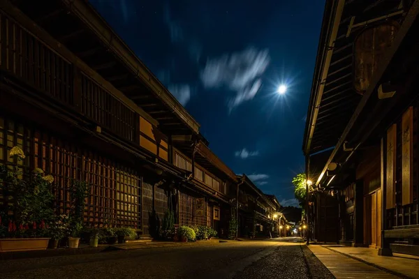 Ulica Sannomachi Budynkami Otoczonymi Światłami Nocy Takayama Japonia — Zdjęcie stockowe