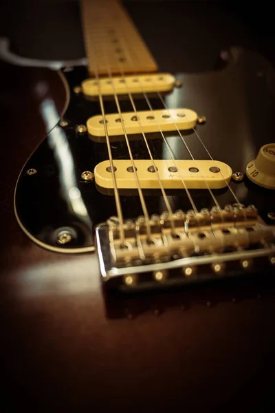 Een Verticaal Close Shot Van Snaren Van Een Elektrische Gitaar — Stockfoto