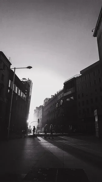 Grayscale Vertical Shot Busy People Surrounded Buildings — Stock Photo, Image