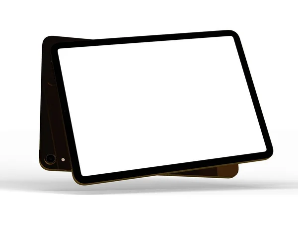 Sade Beyaz Ekranlı Bir Tabletin Beyaz Arka Planda Kahverengi Çantaların — Stok fotoğraf