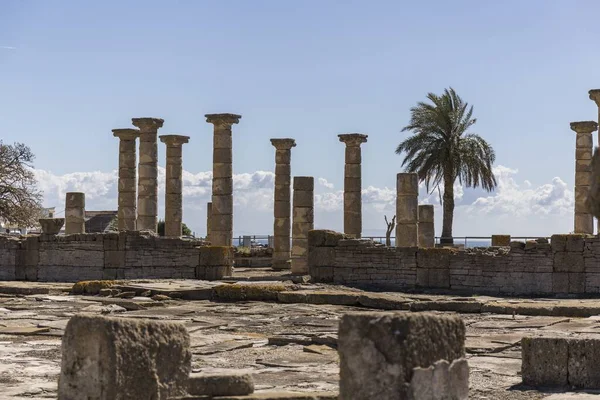 海に面した数多くの柱を持つ古代の石造りの建物を見ることができるローマの遺跡 — ストック写真