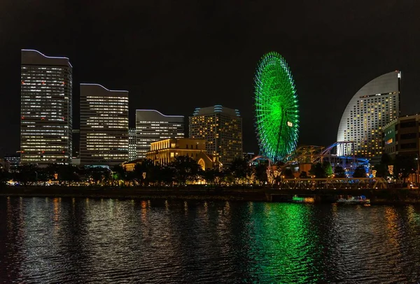 Uno Skyline Notturno Del Quartiere Yokohama Minato Mirai Con Ruota — Foto Stock