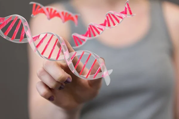 Woman Tapping Red Illustrations Dna Structures Healthcare Concept — Stock Photo, Image