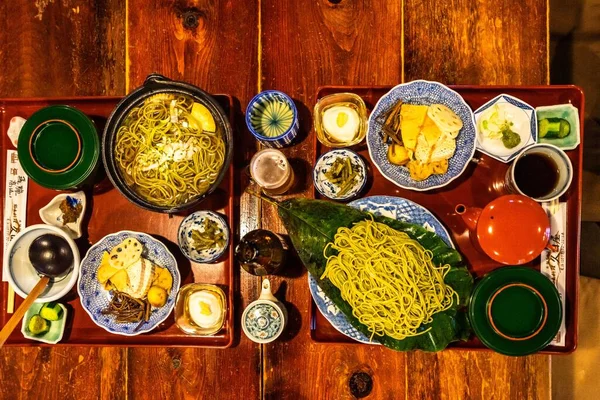 High Angle View Zaro Soba Bowls Snacks Tray Table Takayama — Stock Photo, Image