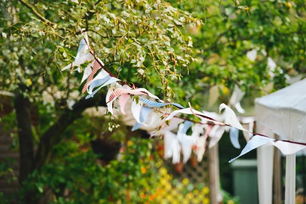 Tiro Close Triângulo Bandeiras Bunting Fundo Jardim Verde — Fotografia de Stock