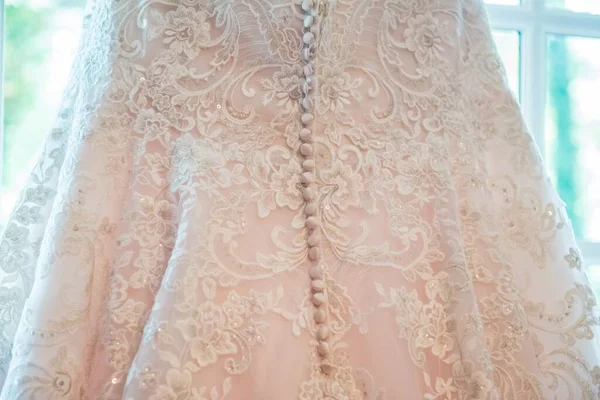 Closeup Shot Bridal White Dress Windows Background — Stock Photo, Image