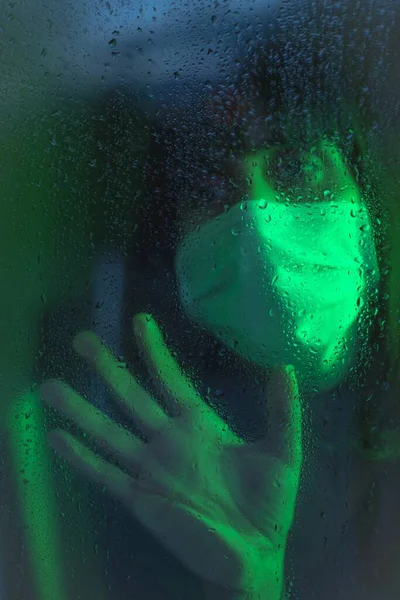 Woman Sadly Looking Out Window Raindrops Coronavirus Isolation — Stock Photo, Image
