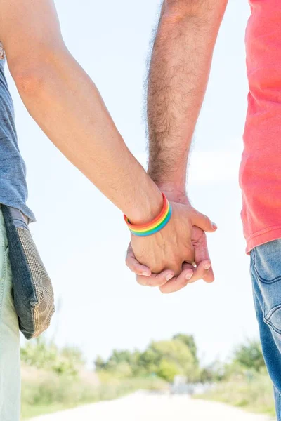ゲイのカップルの手を握っての垂直ショット — ストック写真