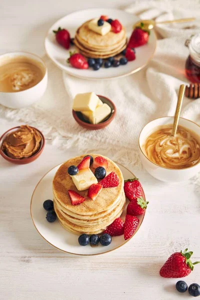 Vertical High Angle Shot Vegan Pancakes Fruits Button Top — Stock Photo, Image