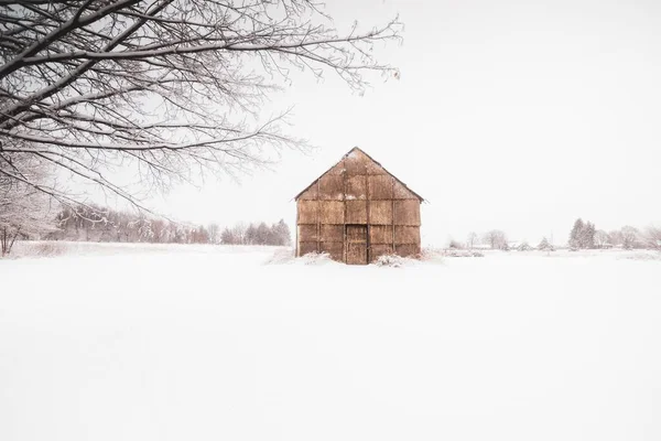 冬の間 地面に白い雪に囲まれたインディアンのロングハウス — ストック写真
