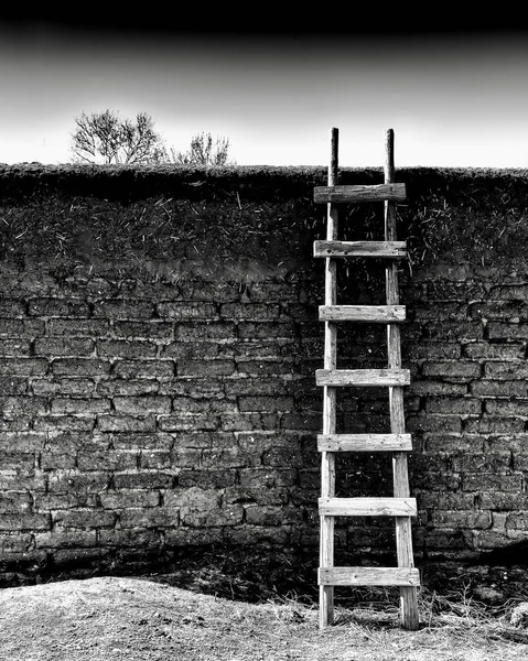 Een Grijsaard Van Een Houten Ladder Leunend Een Stenen Muur — Stockfoto