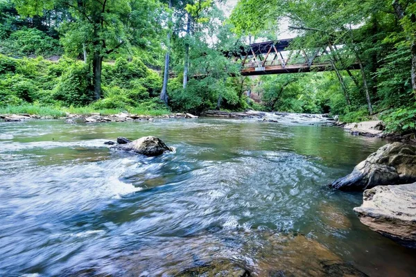 Una Hermosa Toma Río Bosque Con Puente Fondo — Foto de Stock