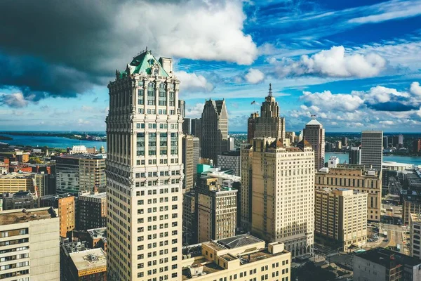 Cityscape Detroit Sunlight Dark Cloudy Sky Daytime Michigan — Stock Photo, Image