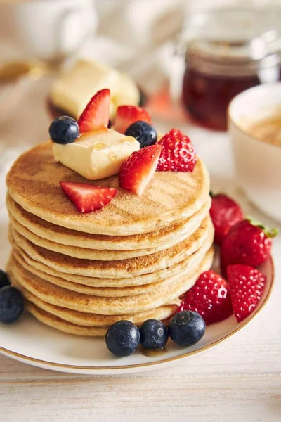 Vertical Shot Vegan Tofu Pancakes Fruits White Plate — Stock Photo, Image
