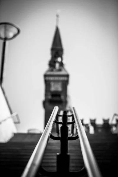 Low Angle Grayscale Shot Underground Exit Copenhagen City Hall Tower — Stock Photo, Image