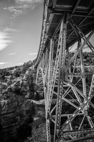 山の真ん中の橋の垂直グレースケールショット — ストック写真