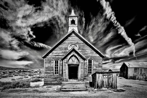 Grayscale Shot Old Abandoned Church Bodie State Historic Park California — Stock Photo, Image