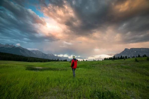 Ein Mann Steht Einem Tal Zwischen Den Bergen Westen Kanadas — Stockfoto
