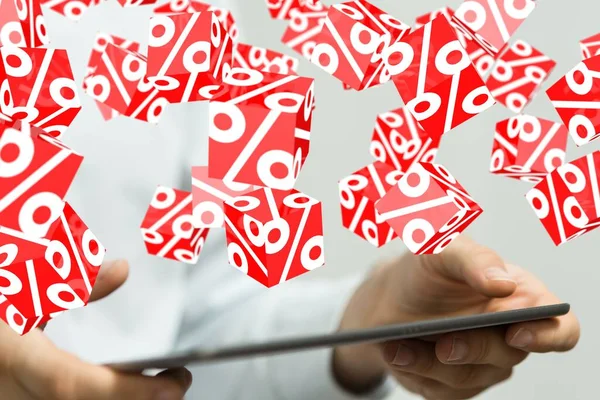 Hand Holding Red Shopping Bag Percent Symbol Blurred Background — Stock Photo, Image