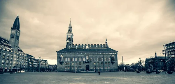 コペンハーゲン市役所の低角度グレースケールのショットが曇った空の背景に — ストック写真