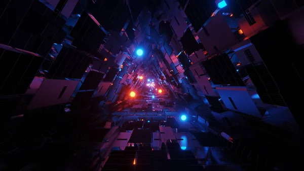 Vykreslující Abstraktní Pozadí Futuristického Trojúhelníkového Tunelu Zářícími Neonově Modrými Purpurovými — Stock fotografie
