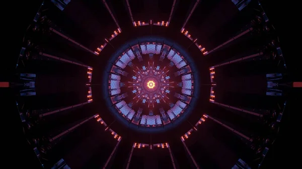 ネオンブルー パープル オレンジの光が輝く未来的なサークルトンネルの3Dレンダリング抽象的な背景 — ストック写真