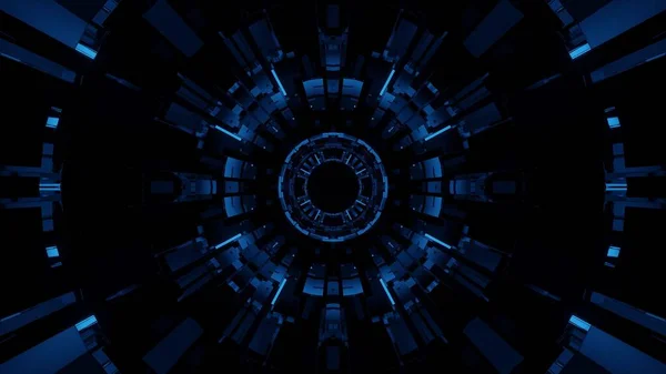 ネオンブルーの輝く未来的なサークルトンネルの3Dレンダリング抽象的な背景 — ストック写真
