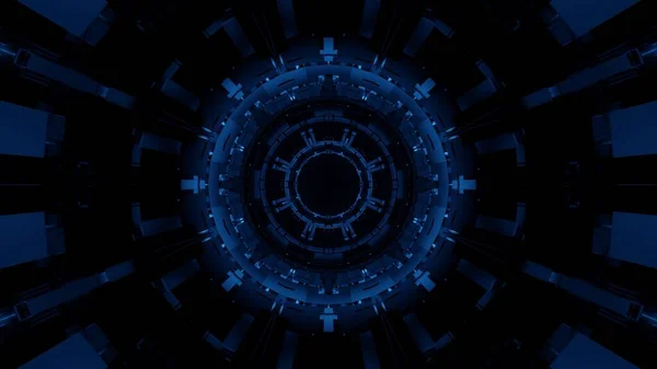 ネオンブルーの輝く未来的なサークルトンネルの3Dレンダリング抽象的な背景 — ストック写真