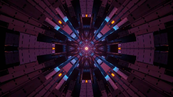 ネオンブルー パープル オレンジの光が輝く未来的なサークルトンネルの3Dレンダリング抽象的な背景 — ストック写真